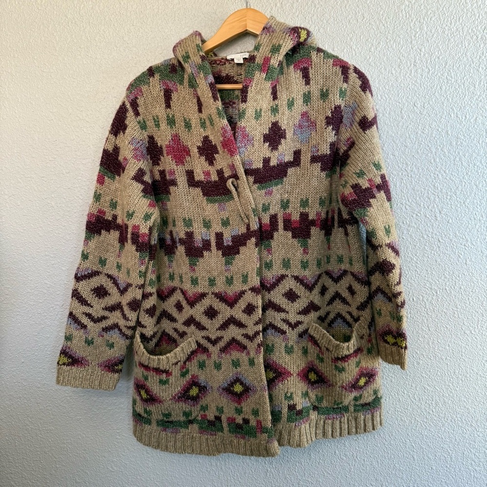 J.Jill Aztec Lenox Hooded Cardigan Sweater Size Medium Brooch Closure Wool Blend - Picture 3 of 9